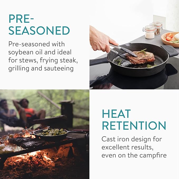 Navaris Cast Iron Skillet - 12"(30cm) Pre-Seasoned Frying Pan with Helper Handle & Silicone Holders, Pour Spouts, for Oven, Stovetop, Grill & Campfire, Heavy-Duty, Even-Heating