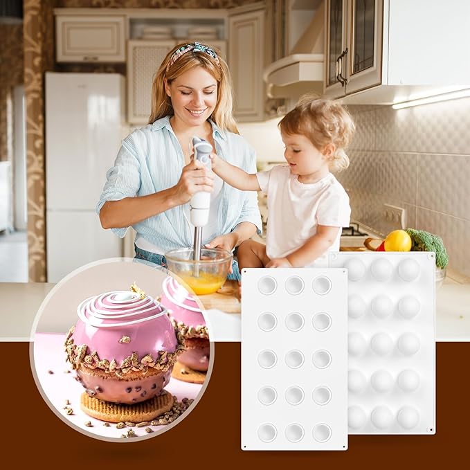 RoseFlower 2pcs Truffle Sphere Silicone Mold, 15-Cavity Silicone Mini Cake Ball Mold, 3D Silicone Baking Mold for Cake Decoration Dessert Mousse Pastry Chocolate Jelly Ice Cream, Round Ball Shape