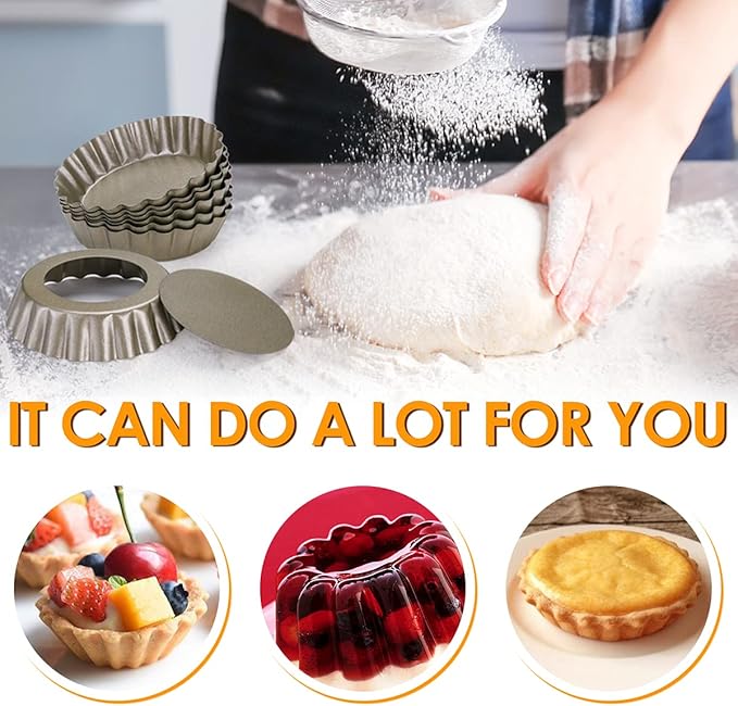 12 pcs Egg Tart Molds, 3" Mini Tart Pans Removable Bottom,Cupcake Cake Muffin Mold Tin Pan Baking, Mini Non-Stick Pan Reusable Quiche Bakeware Carbon Steel for Pies Cheese Desserts, Gold