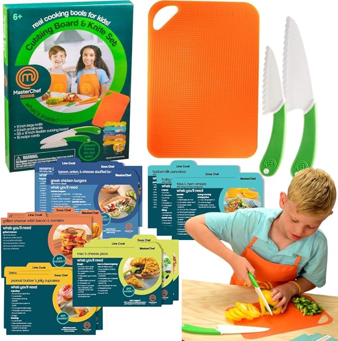MasterChef Junior Kids Knife & Cutting Board Set- Includes Real Cutting Tools and 15 Cooking Baking Recipes- Silicone Non Slip Grip for Easy Use & Food Safe for Children- Party Activity Supplies Gift