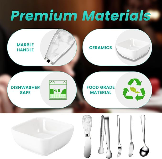 Charcuterie Board Accessories With 3 Oz Ceramic Dip Bowls, Ceramics Handle Silver Cheese Spreader Butter Knive Set Kit, Mini Tongs, Spoons, Forks,Honey Dipper, Cocktail Picks