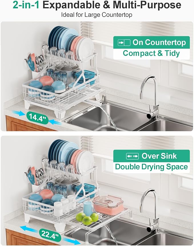 iSPECLE 2 Tier Dish Drying Rack for Kitchen Counter, Expandable Large Dish Drainer with Drainboard Set, Rust Resistant Dish Rack with Utensil & Cup Holder, 16.9" W x 14.4"-22.4" L, White