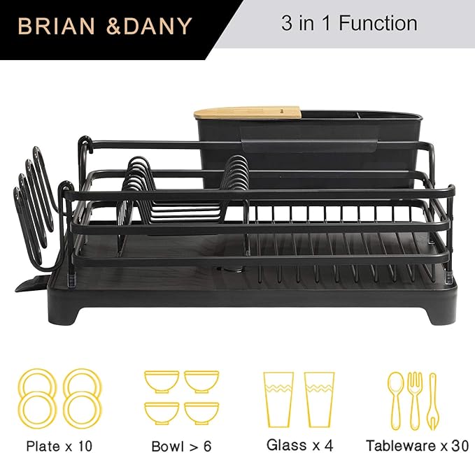 BRIAN & DANY Aluminum Dish Drying Rack, Dish Racks for Kitchen Counter, Dish Drainer with Removable Cutlery Holder & Cup Holder, 16.5" L x 11.8" W, Black