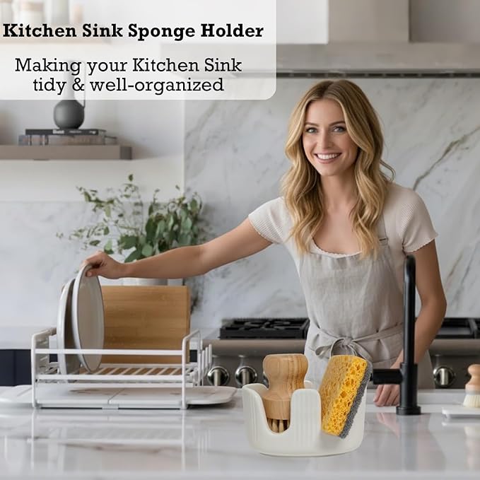Ceramic Sponge Holder, 2-Slot Dish Sponge Holder for Kitchen Sink, Keeps Sponges Dry & Countertop Clean, Rust-Free & Dishwasher Safe, Stylis Design, Modern White