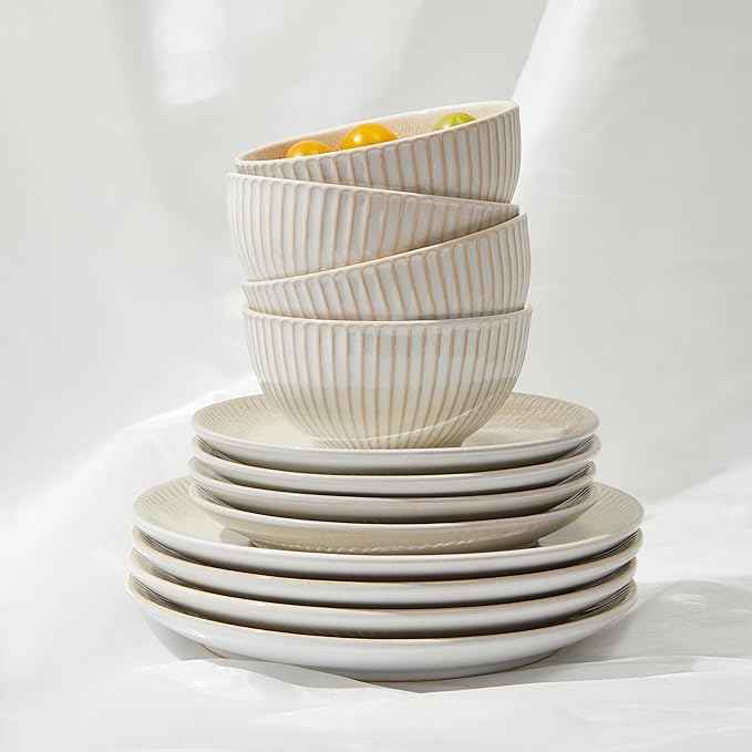 Ceramic Dinnerware Sets for 4, 12 Pieces Embossed Stoneware Plates and Bowls Sets, Scratch Resistant Dish Sets, Distinctive Granulated Surface, Housewarming Wedding Gift, Brown