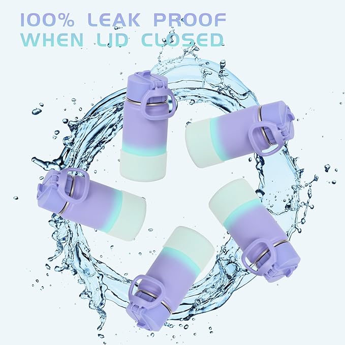 Volhoply 14oz KIds Water Bottle with Straw Lid and Silicone Boot Bulk 6 Pack,Stainless Steel Insulated Cups for Boys & Girls Multipack,Double Wall Vacuum Leakproof Bottles(Assorted,6)