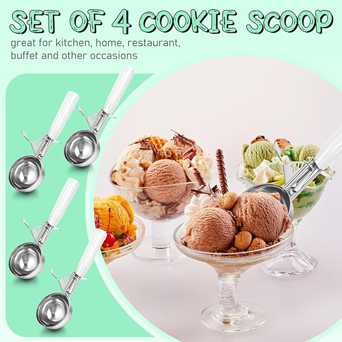 Reallnaive 4 Pcs Release Cookie Scoops Ice Cream Scooper with Trigger Release Portion Scoop Stainless Steel for Portion Control, Baking Food, Cookie Dough (5.3 oz,White)