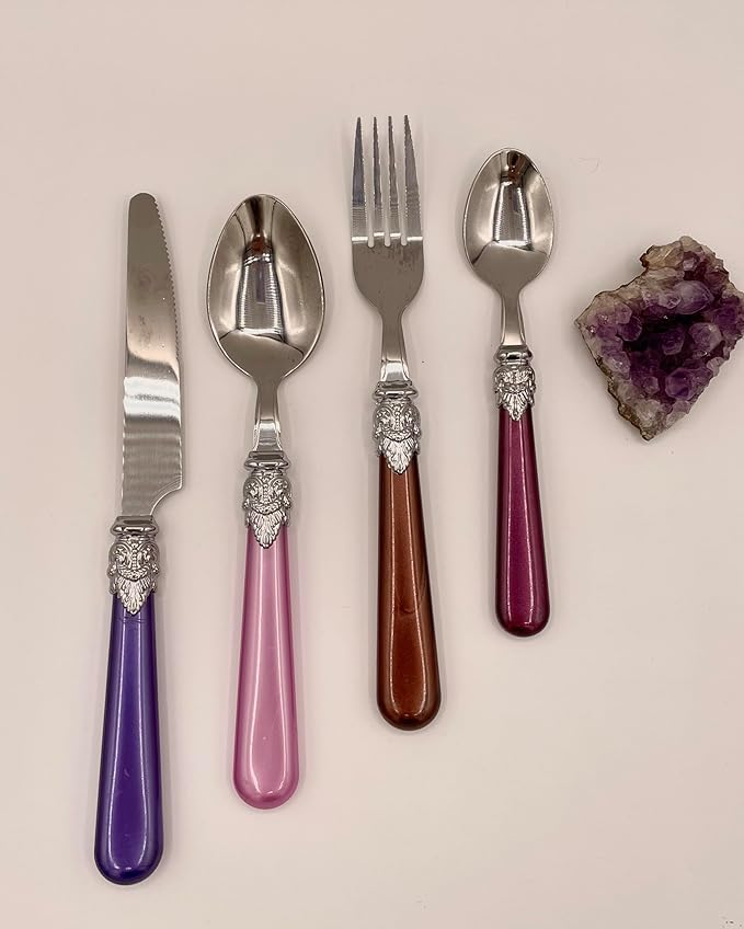 The Original Brink House Gala Mix & Match Stainless Steel Cutlery Set with High-Sheen Baroque Handles / 16 pieces with Metal Stand, Lifestyle utensils set for home, first apartment, dorm, dinner party