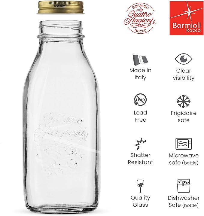Bormioli Rocco Quattro Stagioni Glass Milk Bottle 33.75 Ounce/1 Liter with Airtight Lid, Great For Kombucha Brewing Bottle, Beer, Homemade Juicing, Smoothies, Beverages, Durable Construction. (4 Pack)