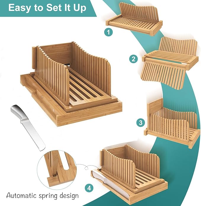 Bread Slicer for Homemade Bread,Cakes, Bagels- Bamboo Bread Slicer with Serrated Knife, Adjustable Guide for 3 Thickness Sizes, Foldable Chopping Board with Crumb Tray& Knife