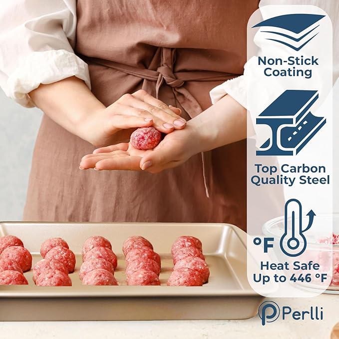 Perlli 10 Piece Baking Set - Nonstick Gold Steel Oven Bakeware With Silicone Handles, Cookie Sheets, Round Cake Pans, 9x13 Pan With Lid, Loaf Pan, Deep Pan, Pizza Crisper, Muffin Pan