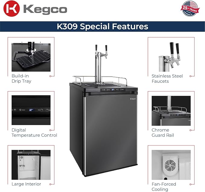 Kegco K309X-2 Keg Dispenser, 2 Faucet, Black Stainless Steel