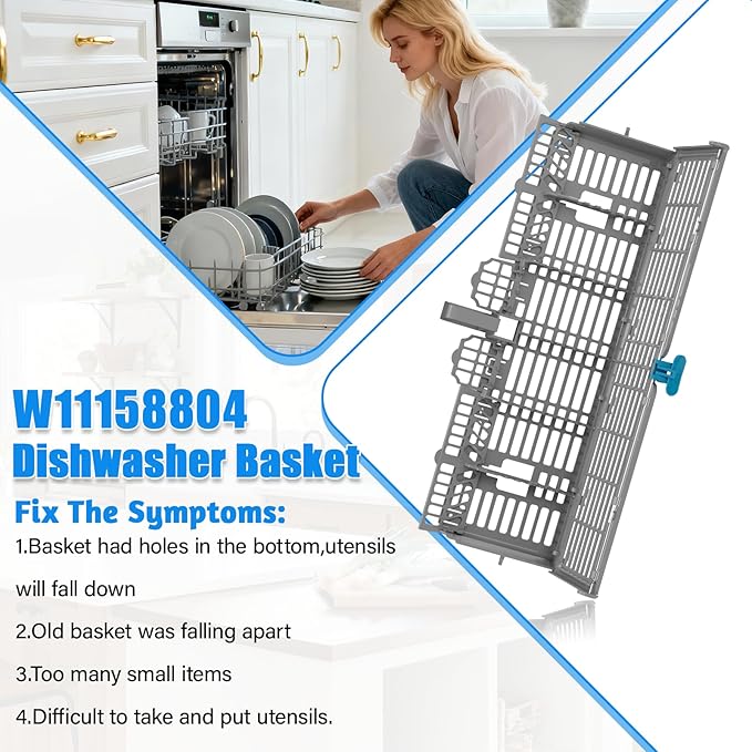 [2 PACK] UPGRADED W11158804 Dishwasher Silverware Basket Compatible with Whirlpool Dishwasher Utensil Basket Silverware Holder for Dishwasher Parts Cutlery Basket Caddy W10629540 WP8562061 W10350340
