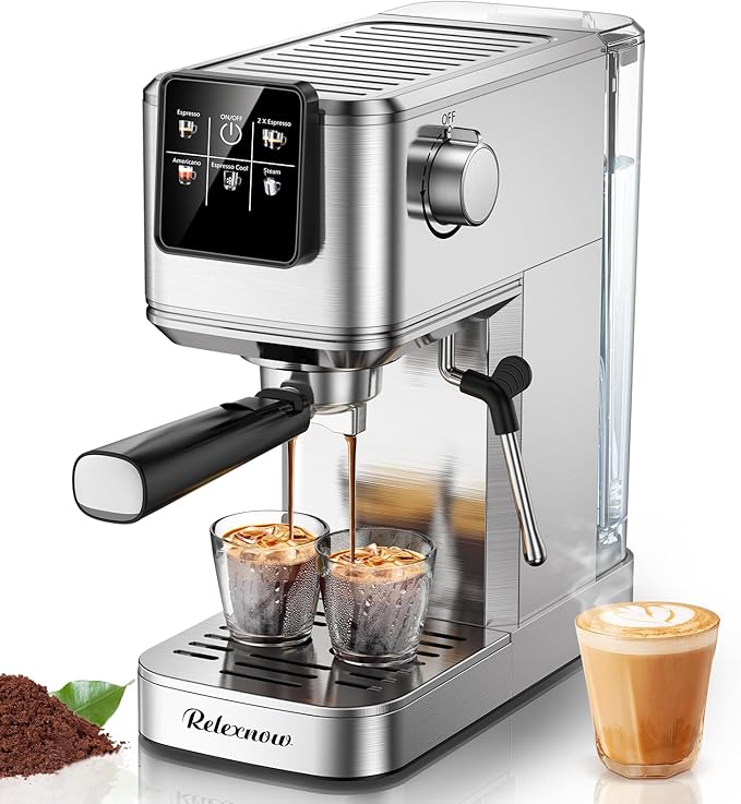 RELEXNOW Espresso Machine, 20 Bar Professional Espresso Coffee Maker with Milk Frother Steam Wand, Hot & Iced Coffee Machine, Compact Stainless Steel Coffee Machine for Cappuccino,Latte,Cold Brew