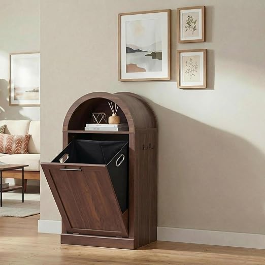 Seang Arched Tilt-Out Trash Can Cabinet,Laundry Hamper Cabinet with Foldable Laundry Basket,Wooden Hidden Garbage Can Cabinets with Metal Handle & Hooks,Walnut