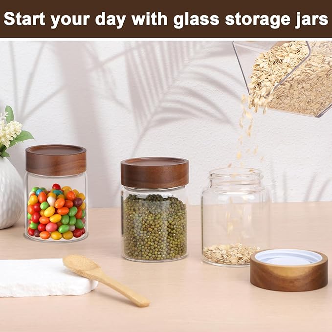 11oz Glass Jar with Airtight Lid, 4 Pack 320ml Glass Storage Jars with Wooden Lids, Wood Screw Top Kitchen Canister Clear Food Containers for Sugar, Coffee, Tea, Bean, Overnight Oats, Cookie
