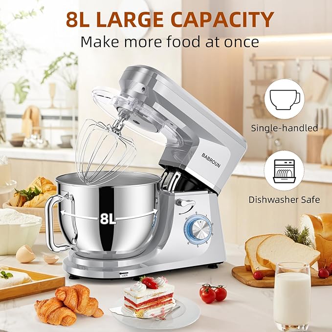 Dough Mixer 8.45 QT Electric Mixer - 660W 6 Speed Large Capacity Kitchen Stand Mixer with Whisk Dough Hook Mixing Beater Household Food Mixer for Baking Cakes Cookie Bread Salad