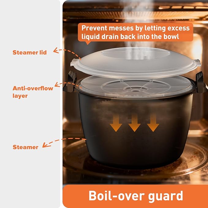 Microwave Rice Steamer Cooker, 3 Quart Microwave Vegetable Steamer, Microwave Steamers for rice, veggie, grains, and other starchy foods, BPA Free, Dishwasher Safe