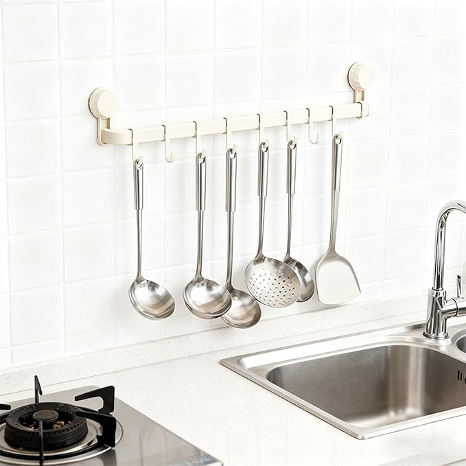 2026 Upgrad Wall Hooks Rack, Space Saving Utensil Holder for Kitchen Bathroom, No Drilling Wall Mounted Accessory Hanger, Kitchen Rail for Hanging Cooking Utensils Mugs Spoons (White_F)