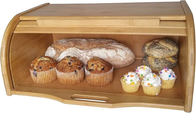 Large bread box bread basket wooden box storage boxes kitchen counter organizer, roll top breadbox. bread boxes for kitchen countertop. Bamboo wooden boxes. (Natural)
