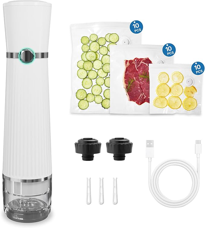 Vacuum Sealer for Food with 30 Reusable Vacuum Bags, Automatic Pressure Detection, Handheld Vacuum Sealer, Portable & Compact, White