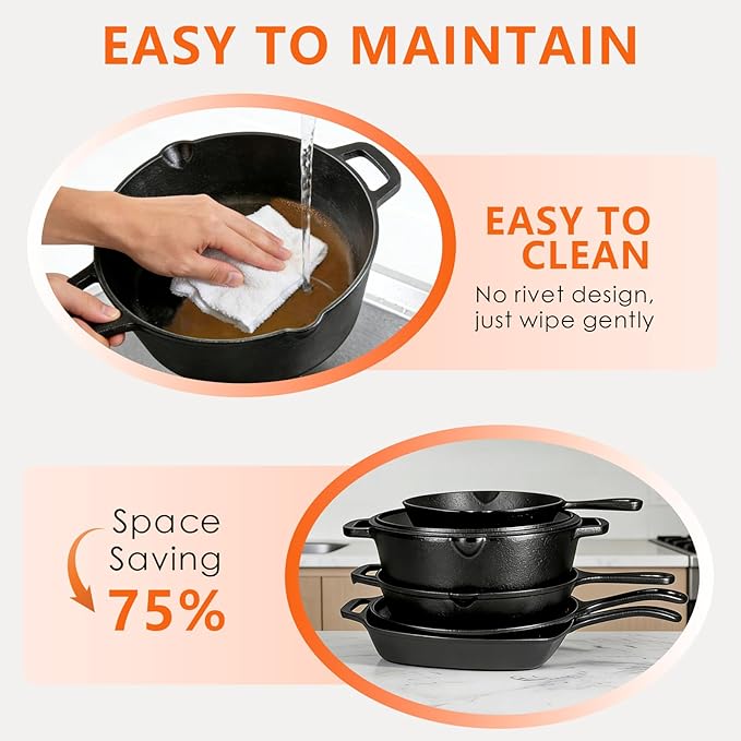 6 Piece Pre-Seasoned Cast Iron Cookware Set – Incl. 5QT Dutch Oven with Lid, 8'' and 10.25'' Cast Iron Skillets, 10.5'' Round Griddle, and a Square Grill Pan for Kitchen, Stovetop, & Camping