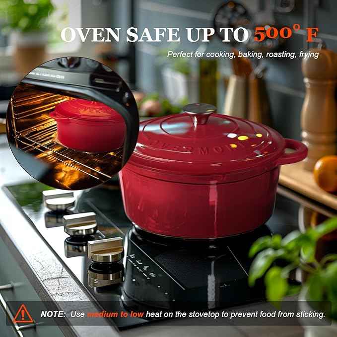 Overmont Enameled Cast Iron Dutch Oven - 7QT Pot with Lid Cookbook & Cotton Potholders - Heavy-Duty Cookware for Braising, Stews, Roasting, Bread Baking red