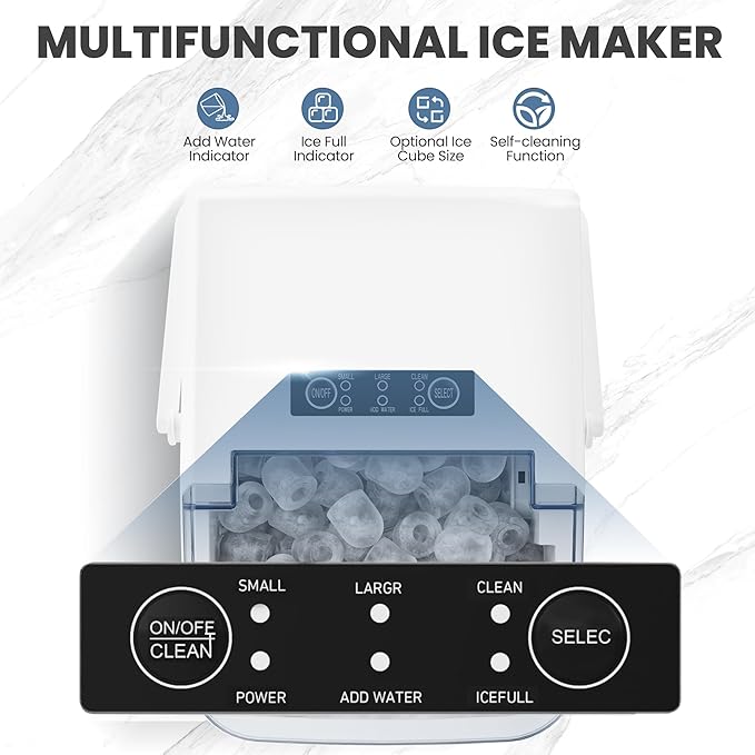 DUMOS Countertop Ice Maker with Handle, 26lbs/24H Portable Ice Machine, 9 Bullet Cubes Ready in 6 Mins, Self-Cleaning, Quiet Compact for Home, Kitchen, RV, Camping, White