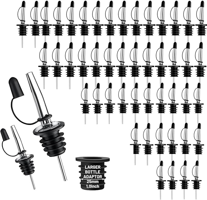 48-Pack Liquor Bottle Pourers with Adapters, Liquor Pour Spout Adapters set for for Large Olive Oil Bottles and Liquor Bottles - Up to 1 Inch/25mm Neck Converts Spout into a Large Pour Spout,Sliver