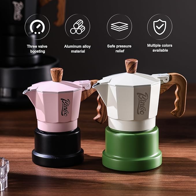 Bincoo Espresso Maker Stovetop,Camping Moka Pot 2 Cup/120ML,Stove Top Espresso Italian Coffee Maker,Easy to Use (Pink-black)