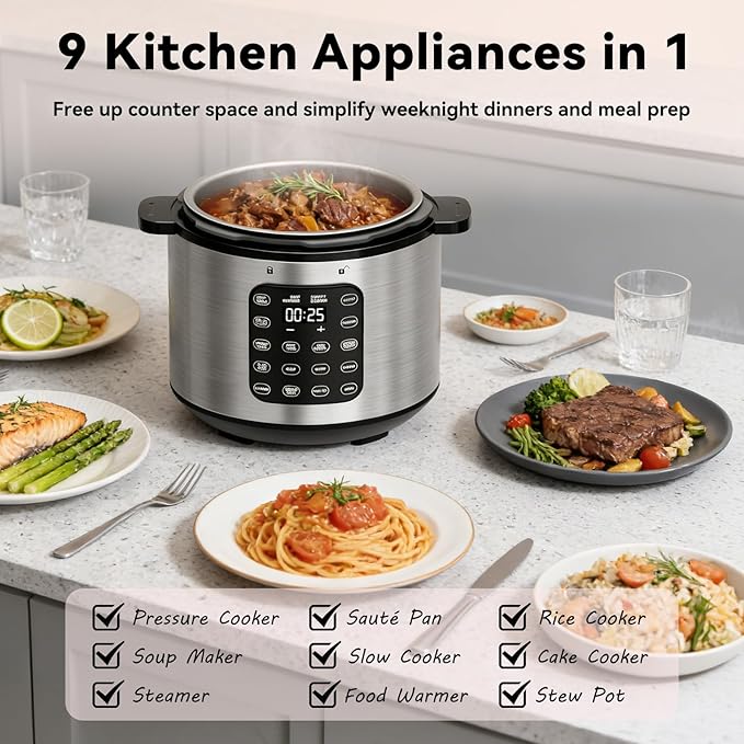 Carori 8 Qt Electric Pressure Cooker, 9-in-1 Multi-Cooker 1000W with IMD Touchscreen, Non-Stick Inner Pot, For Pressure/Slow/Rice Cooking, Steaming, Sauté & Keep Warm, Silver