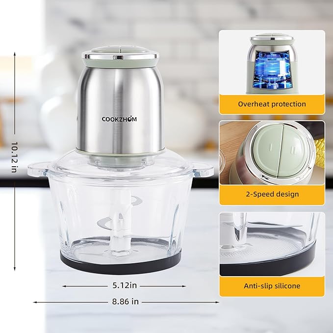 Silver Food Processor,500W Electric Meat Grinder with 8 Cup Glass Bowl and 4 Sharp Blades, Food Chopper & Vegetable Chopper for home use,Meat Processor, Vegetables, Fruits and Nuts