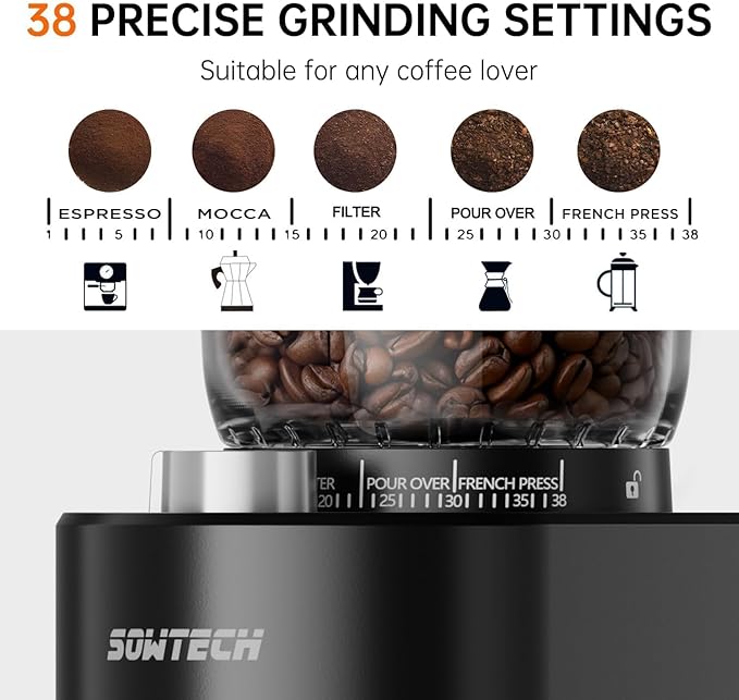 SOWTECH Conical Burr Coffee Grinder, Adjustable Electric Mill, 38 Precise Grind Settings, Precision Timer, for Espresso, Drip and French Press, Home &Office, Beige