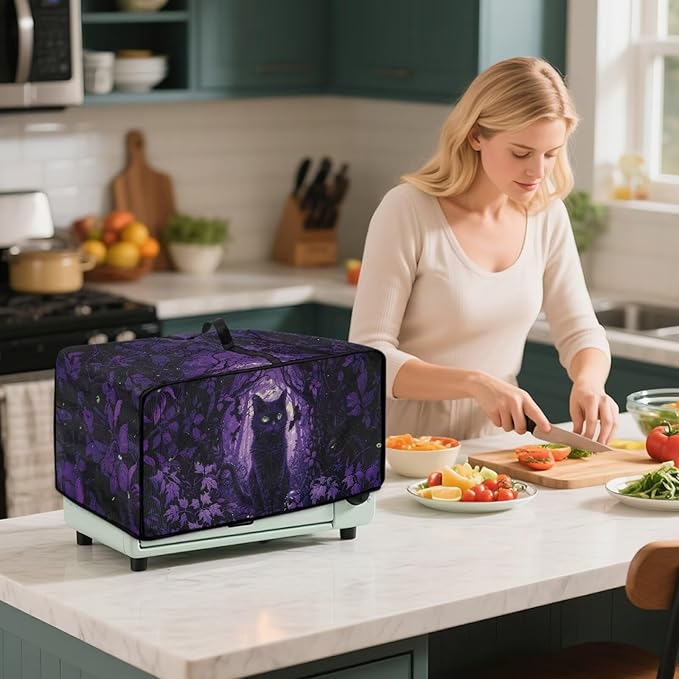 Countertop Convection Oven Cover Decorative and Protective Air Fryer Toaster Oven Dust Cover for Home Kitchen Indoor Decor, S, Black Cat Skull Bat Violet Forest Halloween