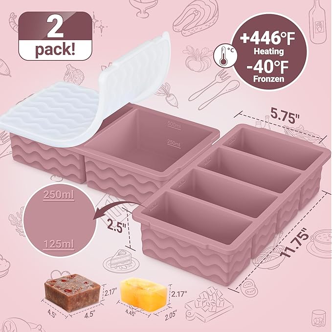 Silicone Freezer Molds for Soup with Lid, 1-Cup & 2-Cup Large Ice Cube Trays Food Storage Containers for Meal Prep, Freeze 500mL/250mL/125mL Portions – 2 Pack