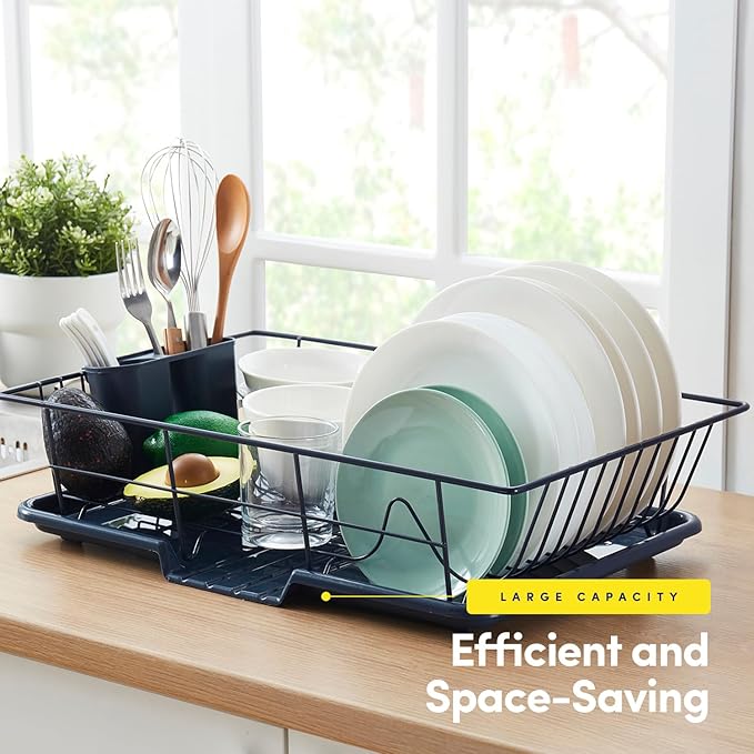Sweet Home Collection Space-Saving 3-Piece Dish Drainer Rack Set: Efficient Kitchen Organizer for Quick Drying and Storage - Includes Cutlery Holder and Drainboard - Maximize Countertop Space, Navy
