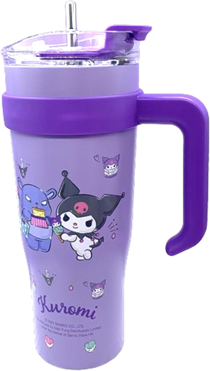 Kuromi Devil Stainless Steel Insulated Tumbler with Lid, Straw & Handle 1200ml - XL Size, Purple