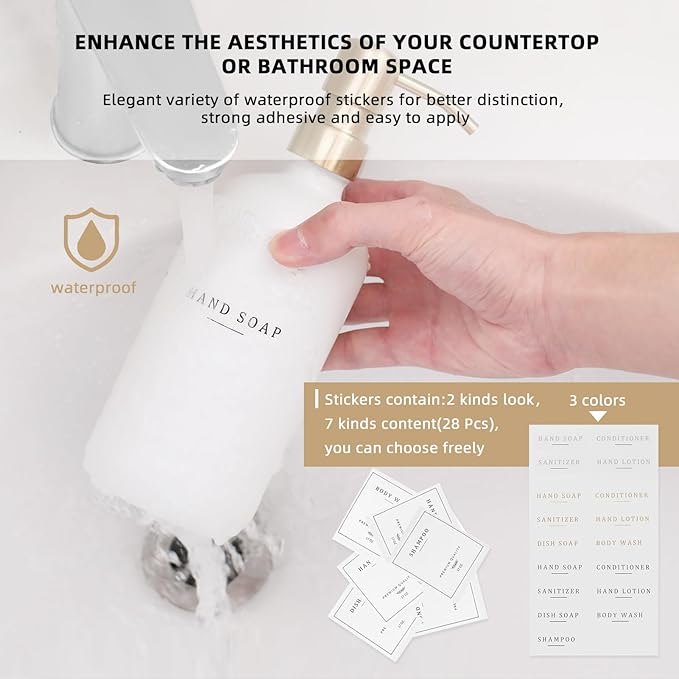 Soap Dispenser Bathroom - Dish and Hand Soap Dispenser Set, Glass Soap Lotion Dispenser with Pump for Kitchen with Tray, Waterproof Labels, 2 Lotion White Bottle/Gold Pump N