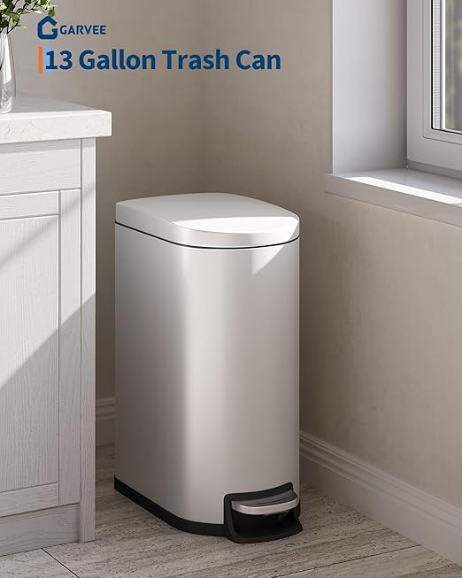 GarveeHome 13 Gal / 50 L Stainless Steel Kitchen Trash Can with Lid, Slim Step-On Garbage Bin, Large Rustproof Metal Trash Can with Soft Close, Inner Bucket & Rear Handle, White