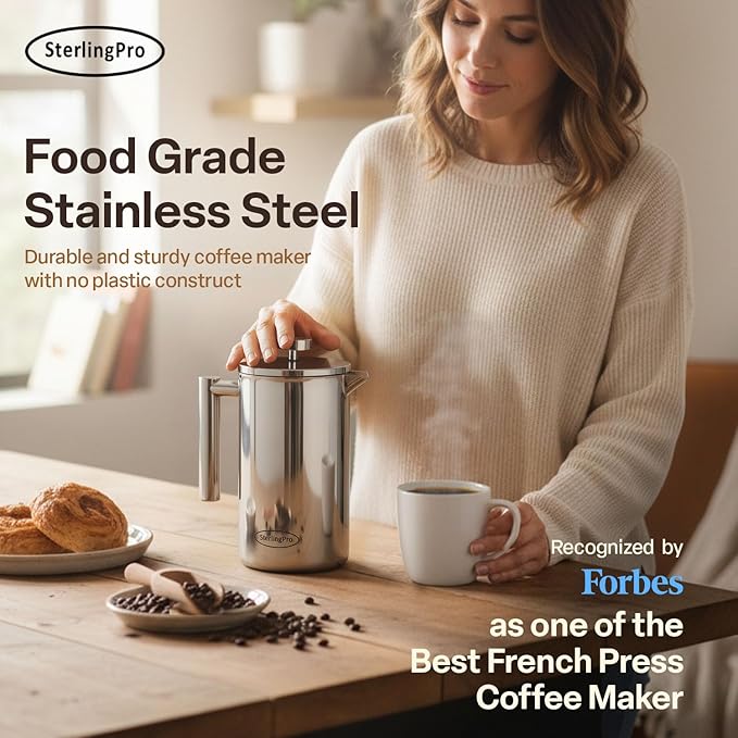 SterlingPro Stainless Steel French Press Coffee Maker 1.5 L (51 oz) Mirror – Double Walled Insulated Large Coffee Press, Durable Design Keeps Drinks Hot, Easy to Use and Clean for Rich Flavor Brewing