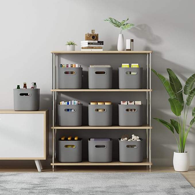 ORGIDOL 8 Pack Dark Grey Storage Bins with Lids Stackable Storage Container for Organizing, Storage Boxes with Handle for Shelves, Cute Organizer Bins for Craft, Snacks, 9.85x6.9x5.7 inch