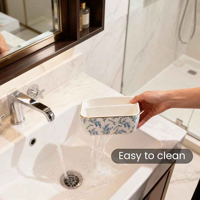 2 Compartments Ceramic Sponge Holder for Kitchen Sink, Cute Floral Pattern Countertop Dish Sponges Holder Soap Sink Organizer Caddy Farmhouse Home Kitchen Decor Blue Blossom