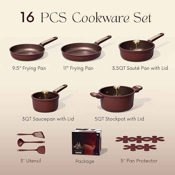 CAROTE Pots and Pans Set Nonstick, 16pcs Cookware Set Nonstick Non-Toxic & PFOA&PFOS-Free, Dishwasher, RV/Camping Cookware Set, Cooking Pots with Lids,Wine Red