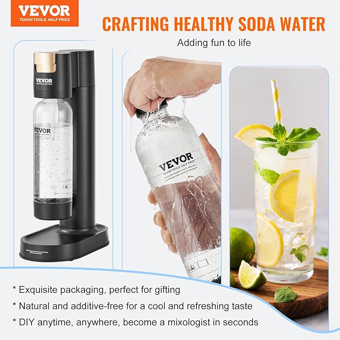VEVOR Sparkling Water Maker, Soda Maker Machine for Home Carbonating, Seltzer Water Starter Kit with BPA free 1L PET Bottle, Compatible with Mainstream Screw-in 60L CO2 Cylinder(NOT Included), Black