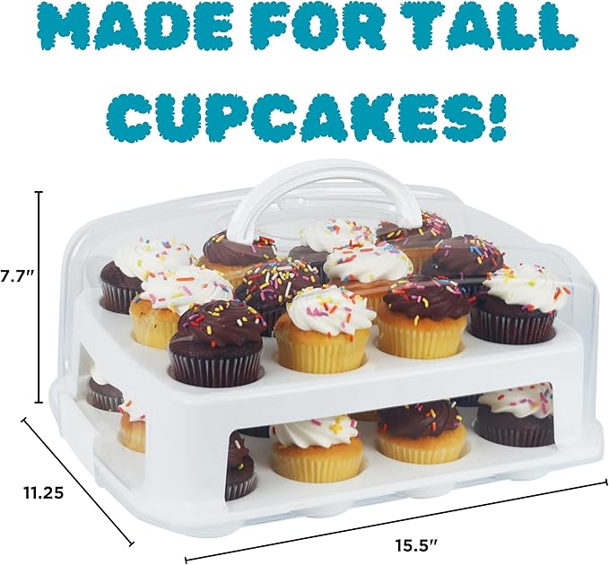Extra Tall Cupcake Carrier 24 Count, 24 Cupcake Holder with Lid -Spacious 3.5” Tall Tiers Accommodate 24 Tall Frosted Cupcakes, Won't Smush! Cupcakes Containers Muffin Storage Container/Muffin Holder