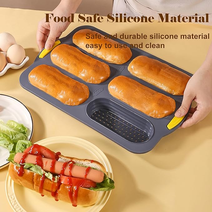 6-cavity Silicone Bread Loaf Pan, Nonstick Sourdough Loaf Pan & Heat Resistant Baguette Bread Pan, Bread Pans for Homemade Bread, Silicone Molds for Baking Hoagie Rolls, Hot Dog Bun