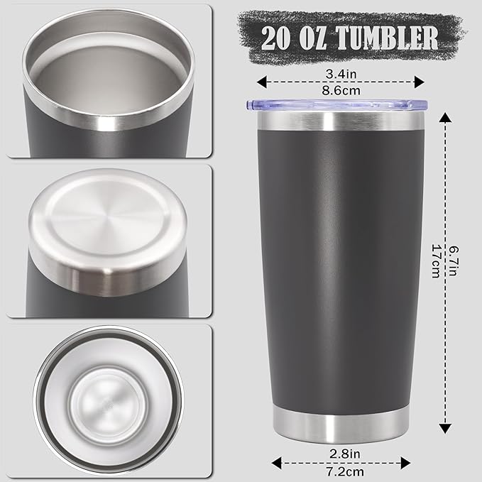 20 oz Tumbler Coffee Travel Tumblers Bulk with Lid Stainless Steel Double Wall Vacuum Insulated Mug Powder Coated Cups fit Car Cupholder for Hot and Cold - Grey, 12Pack