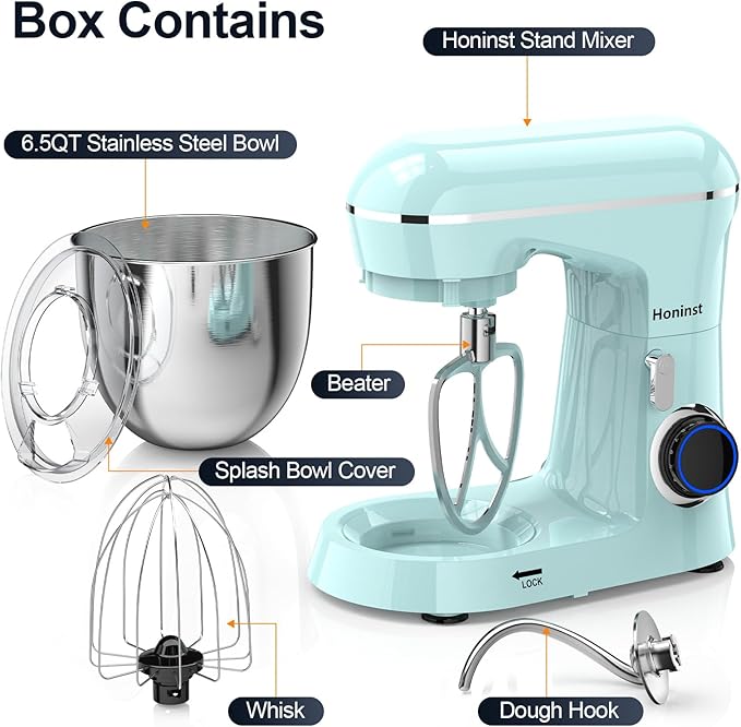 Honinst Stand Mixer, 6.5QT 10-Speed Tilt-Head Electric Stand Mixer, 3-In-1 Kitchen Mixer with Bowl, Dough Hook, Whisk and Beater, Food Mixer for Baking, Cake and Most Home Cooks, Blue