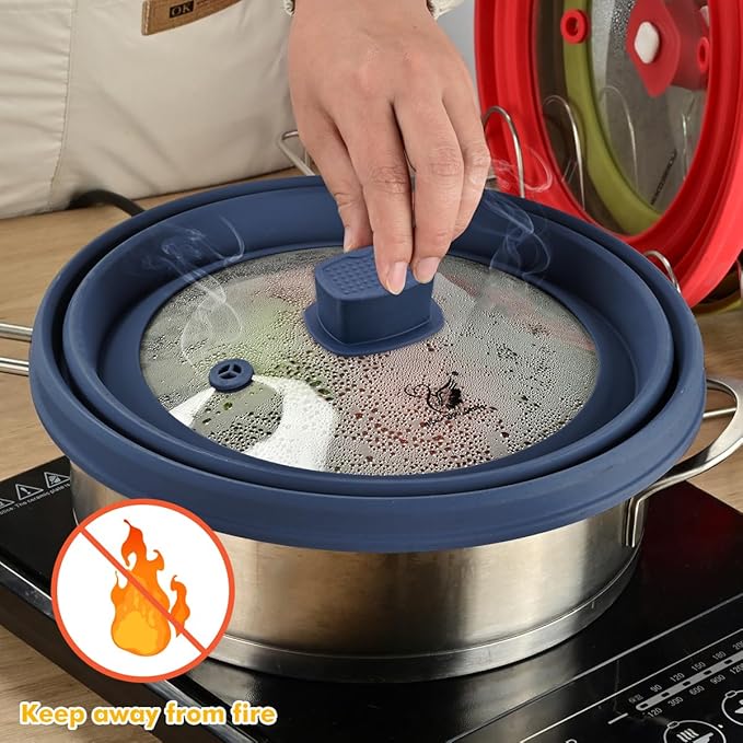Tall Microwave Splatter Cover Glass Cover Guard Lid 6 inch Height with Collapsible Silicone for Food Pot Plate 12.5 inch Dark Blue