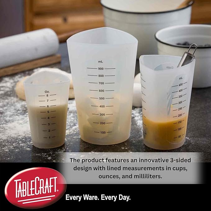 TableCraft HSMC31 Flexible Measuring Cup, 1 Cup, Silicone, 3-Sided Design with Measurements in Cups, Ounces, Milliliters, Ergonomic Grip, Heat Safe to 450°F, Microwave and Dishwasher Safe